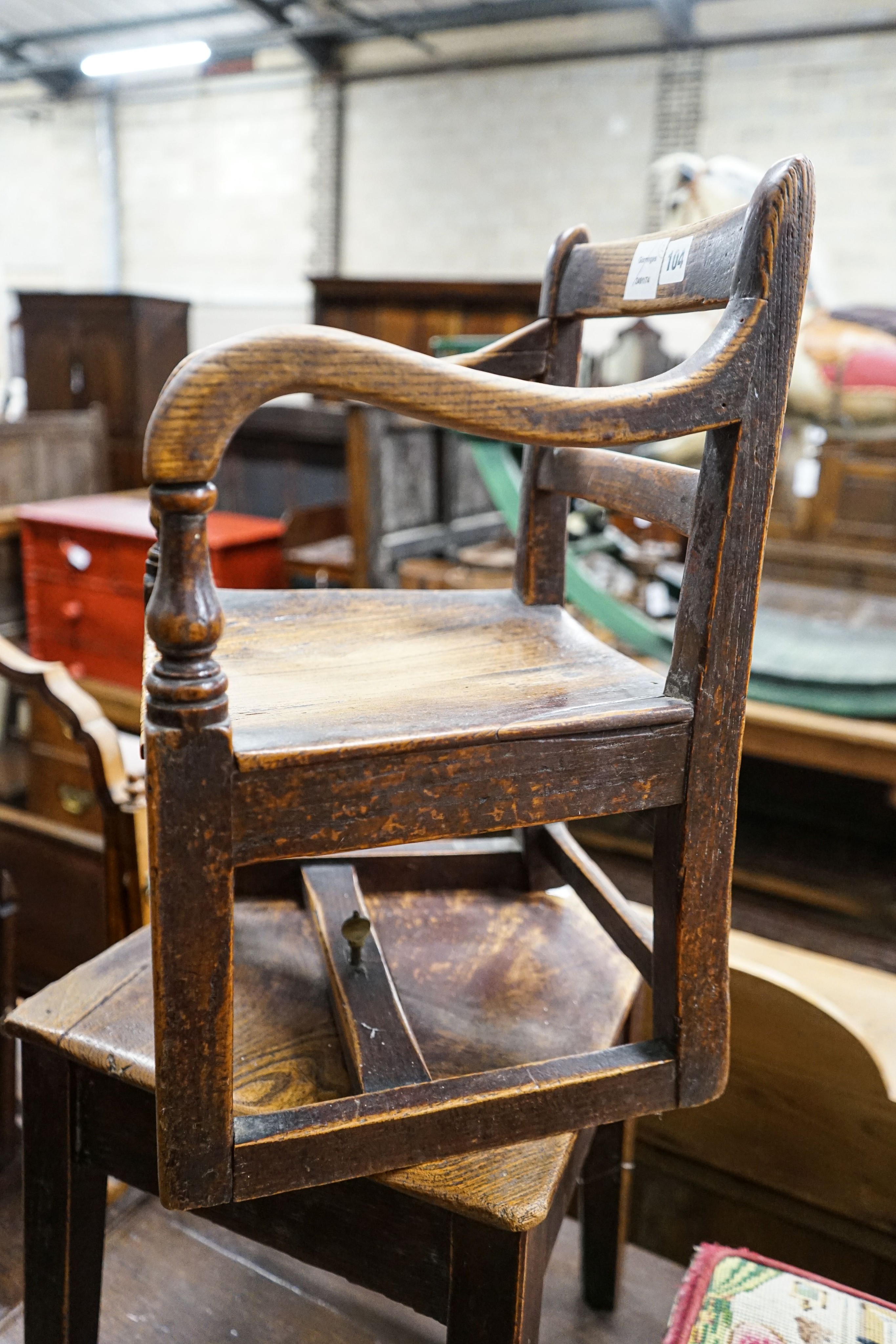 An early 19th century oak and elm child's chair, width 33cm, depth 32cm, height 83cm and a small Victorian mahogany stool with woolwork seat, width 27cm